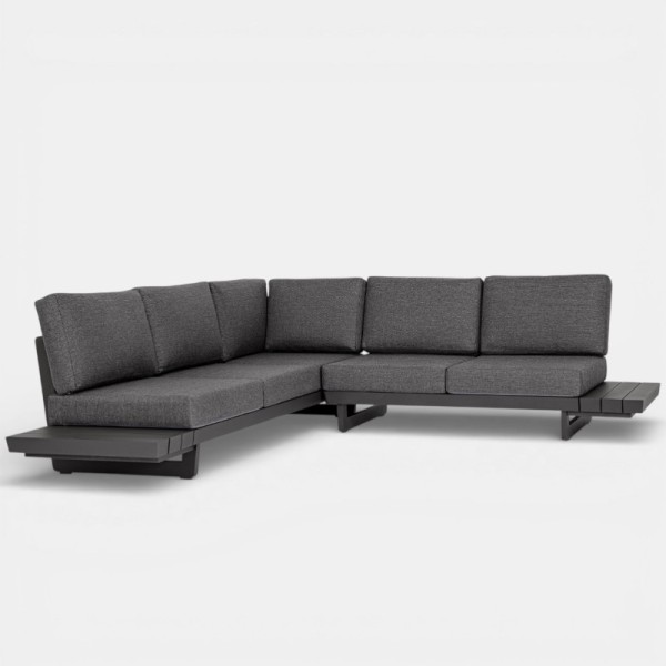 Sofá de jardín modular MONACO vista completa en color antracita con chaise longue y cojines confortables