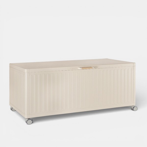 Baúl de jardín AMALFI vista lateral perfil en madera natural TERRAZZA COLLECTION®