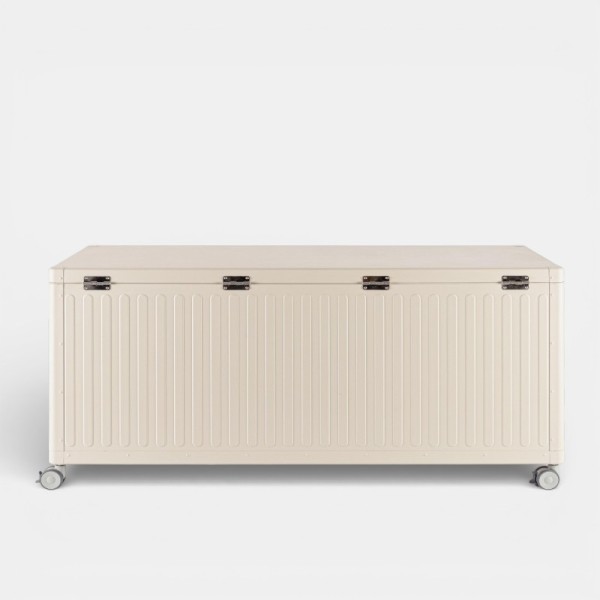 Baúl de jardín AMALFI vista trasera perfil en madera natural TERRAZZA COLLECTION®