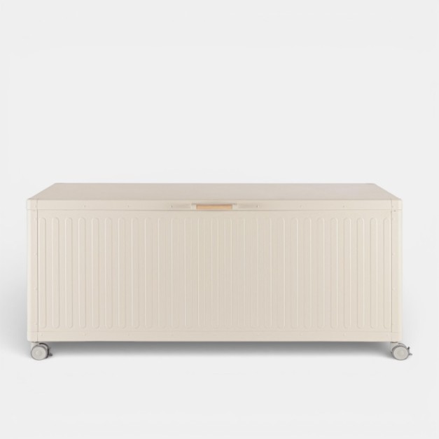 Baúl de jardín AMALFI vista frontal en madera natural TERRAZZA COLLECTION®