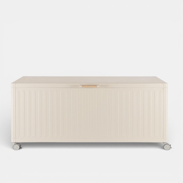 Baúl de jardín AMALFI vista frontal en madera natural TERRAZZA COLLECTION®