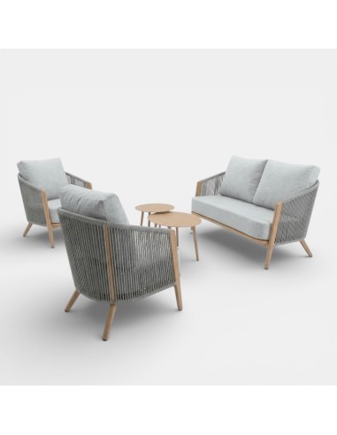 Set de jardín lounge NORDICA vista lateral con sofá y sillones en madera natural essentials®