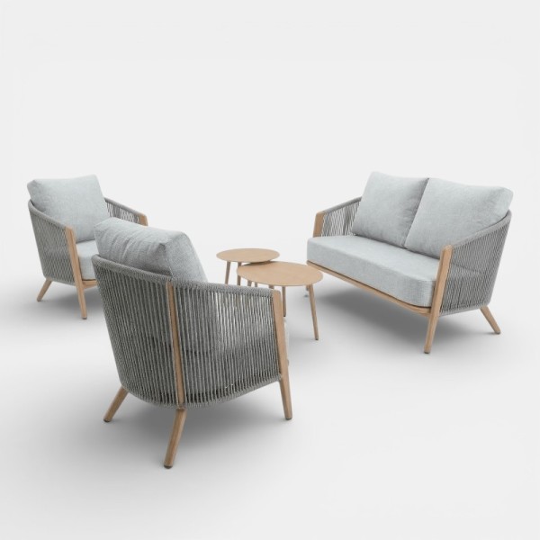Set de jardín lounge NORDICA vista lateral con sofá y sillones en madera natural essentials®