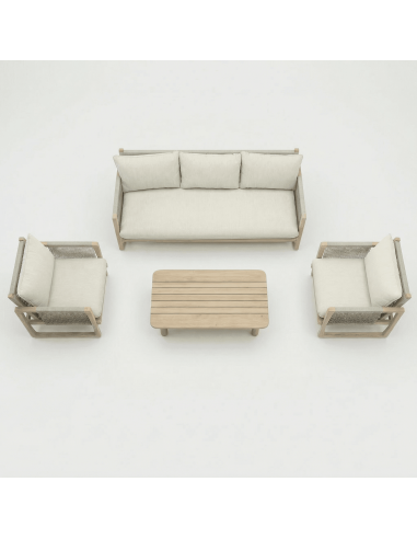 Set de jardín lounge BIRMANIA vista arriba con sofá y sillones en madera natural essentials®