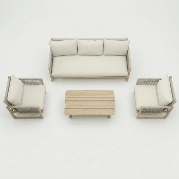 Set de jardín lounge BIRMANIA vista arriba con sofá y sillones en madera natural essentials®