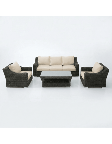 Set de jardín lounge SAVONA vista lateral con sofá y sillones en rattan marrón essentials®