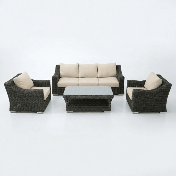 Set de jardín lounge SAVONA vista lateral con sofá y sillones en rattan marrón essentials®