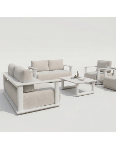 Set de jardín lounge AURORA vista lateral con sofá y sillones en aluminio blanco essentials®