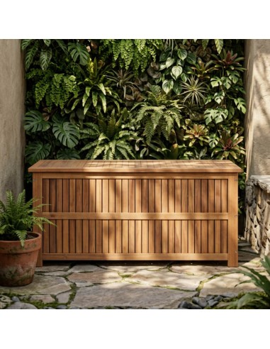 vista frontal del baúl exterior amalfi con ambiente de jardín alrededor