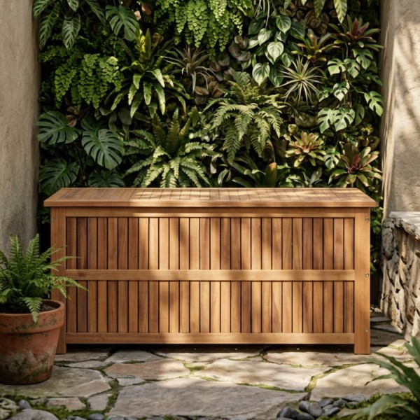 vista frontal del baúl exterior amalfi con ambiente de jardín alrededor