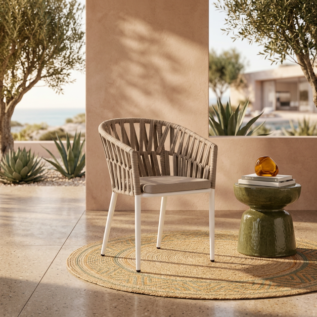 silla de exterior BORA colocada dentro de un ambiente de terraza decorada