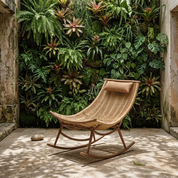 hamaca mecedora de jardín Zuma dentro de un ambiente decorado con jardín vertical detrás