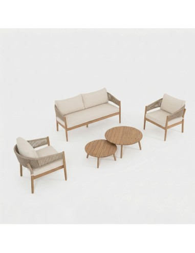 Set de jardín lounge MEDITERRANEO vista lateral con sofá y sillones en madera natural essentials®