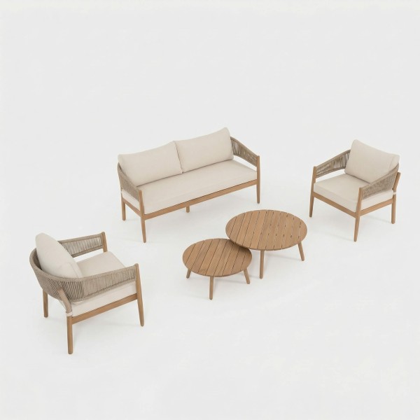 Set de jardín lounge MEDITERRANEO vista lateral con sofá y sillones en madera natural essentials®