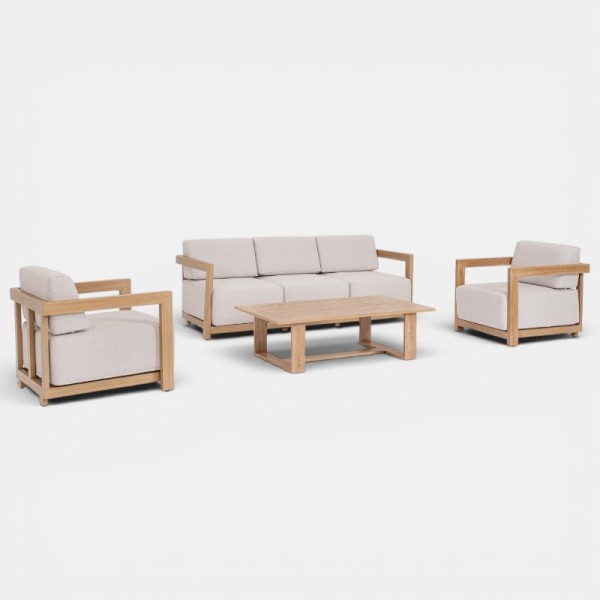 Set de jardín lounge NOVA vista lateral con sofá y sillones en aluminio efecto madera TERRAZZA COLLECTION®