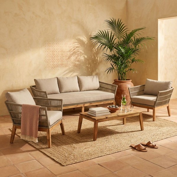 Conjunto de Exterior IPANEMA en Madera de Acacia con Cuerda Beige y Cojines Naturales ESSENTIALS®