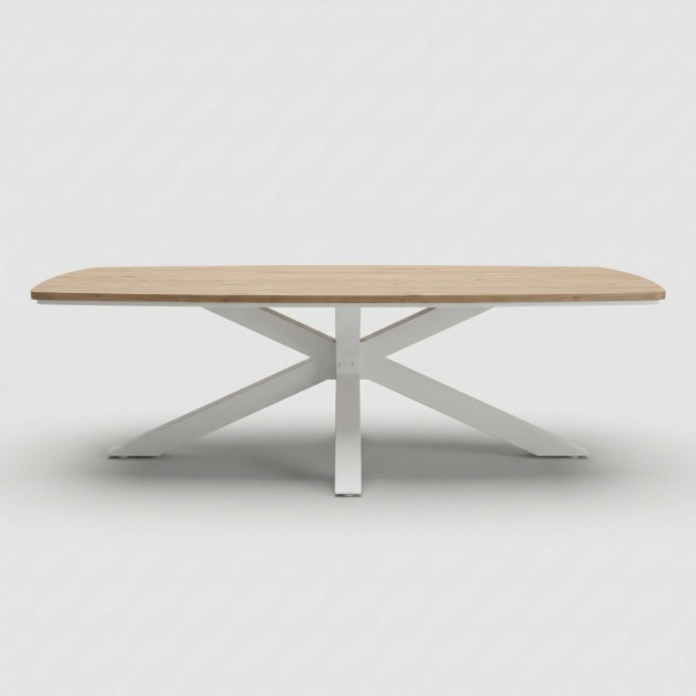 Vista frontal de la mesa con diseño moderno y base en cruz