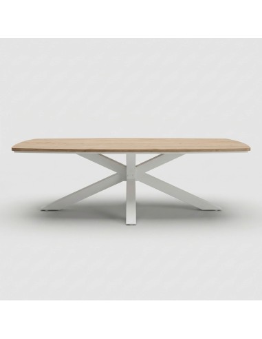 Vista frontal de la mesa con diseño moderno y base en cruz