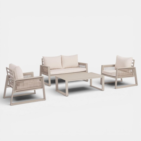 Conjunto Exterior MIRADOR 4 Piezas – Sofá, 2 Sillones y Mesa – Estructura Stone Taupe, Cojines Hidrófugos URBAN OUTDOOR®