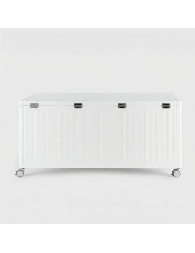 Baúl de almacenaje exterior en aluminio color Cloud White vista trasera