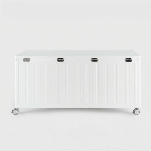 Baúl de almacenaje exterior en aluminio color Cloud White vista trasera