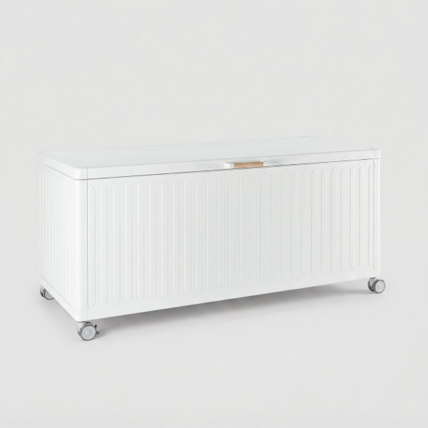 Baúl de almacenaje exterior en aluminio color Cloud White vista lateral