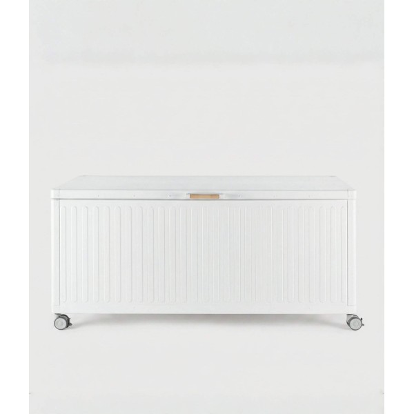 Baúl de almacenaje exterior en aluminio color Cloud White vista frontal