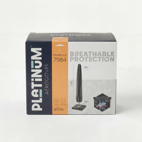 Vista general de la funda Platinum® AeroCover colocada sobre parasol