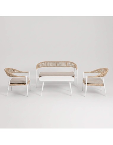 conjunto de exterior COSTA en tonos blanco y beige con sofá, sillones y mesa de centro para jardín o terraza