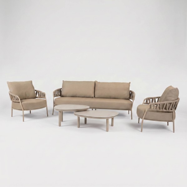 Conjunto lounge Calma Taste by 4 Seasons latte – sofá 3 plazas y 2 sillones aluminio rope